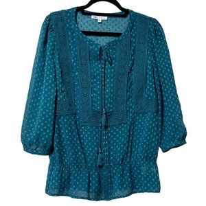 DR2 women’s size S Boho teal Swiss dot embroidered  3/4 sleeve tasseled top